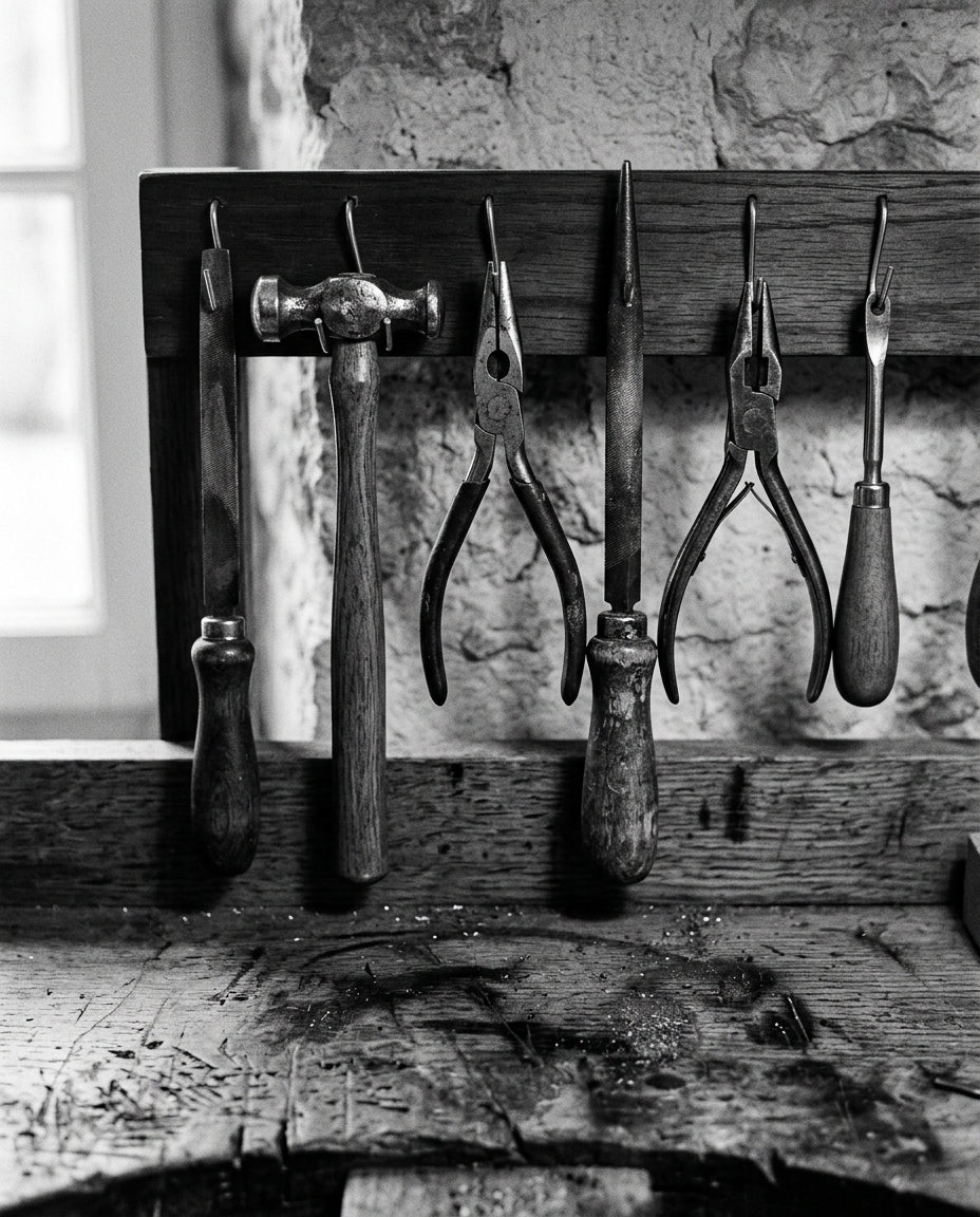 Worn hand tools above a scarred workbench