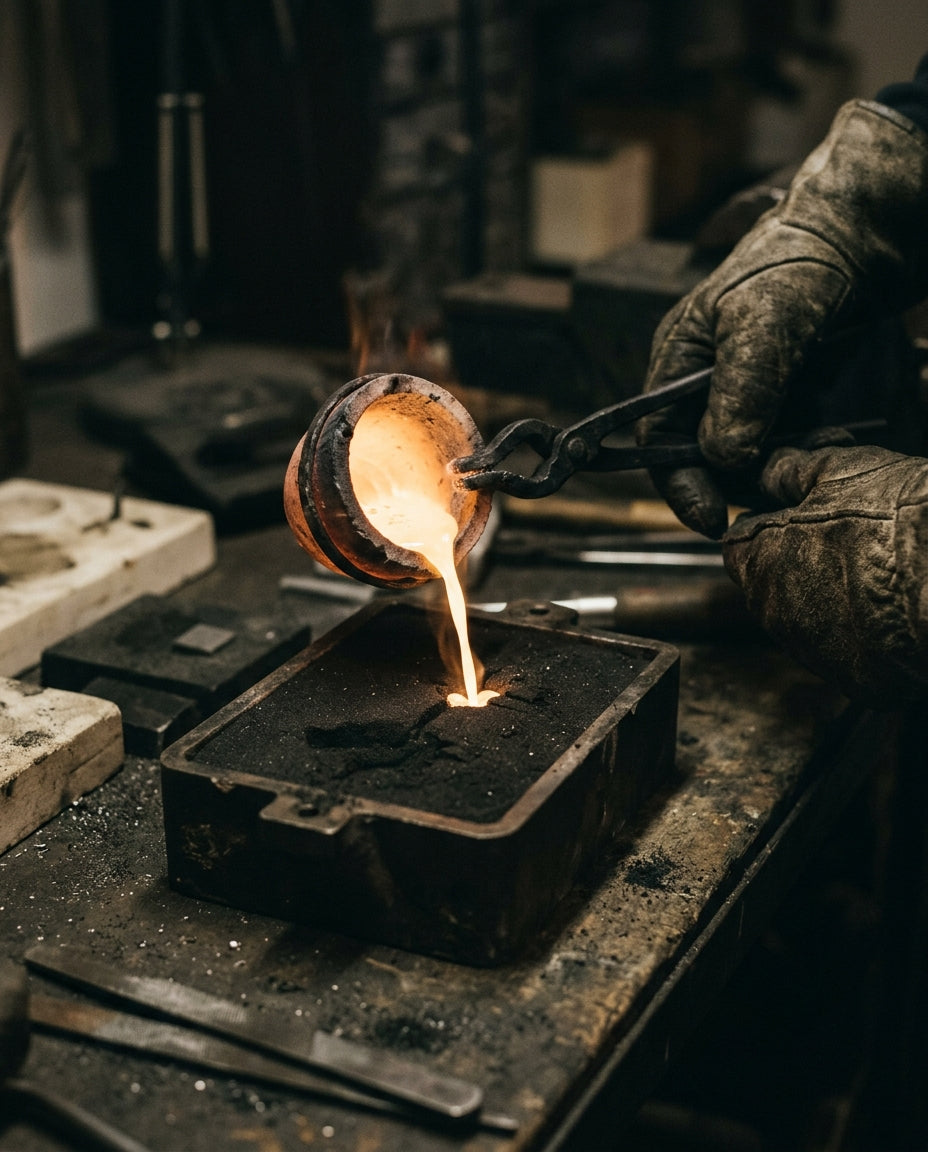 Silver poured glowing into a casting mold