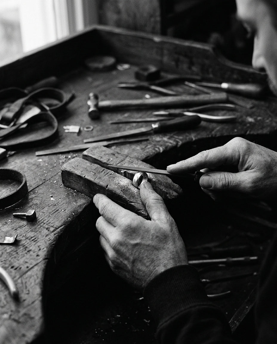Hands filing a cast ring at the bench