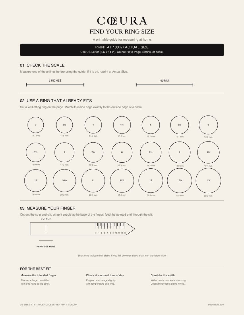 The C&oelig;ura printable ring sizer: a scale check, circles for US sizes 3 to 13, and a cut-out strip.