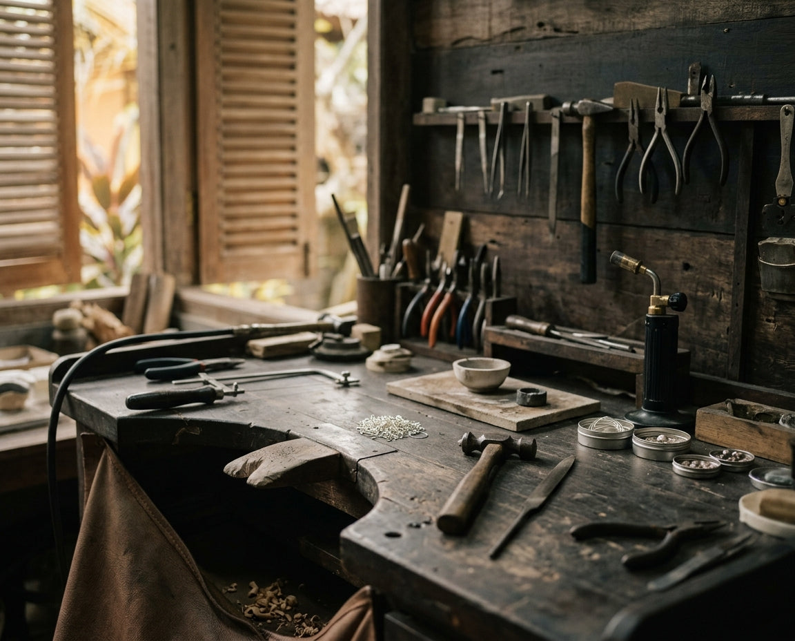 The workshop: wooden benches, hanging tools, warm daylight
